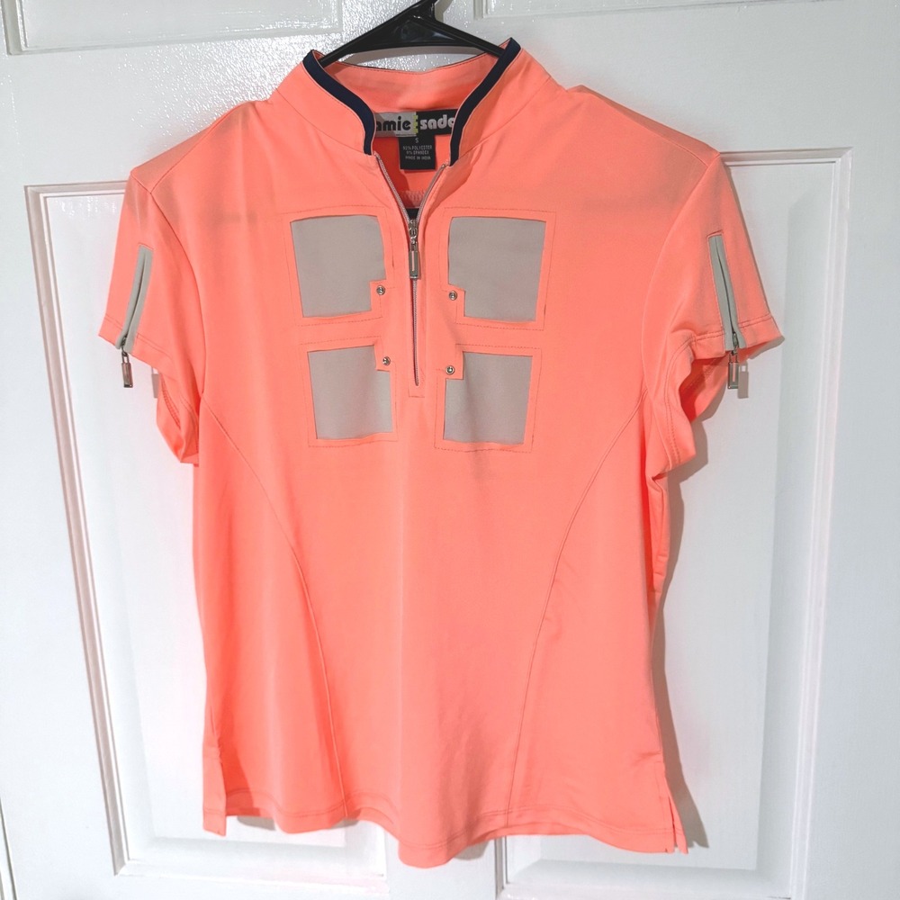 Jamie Sadock Womens Neon Coral Orange Quarter Zip Golf Top Short Sleeve Small